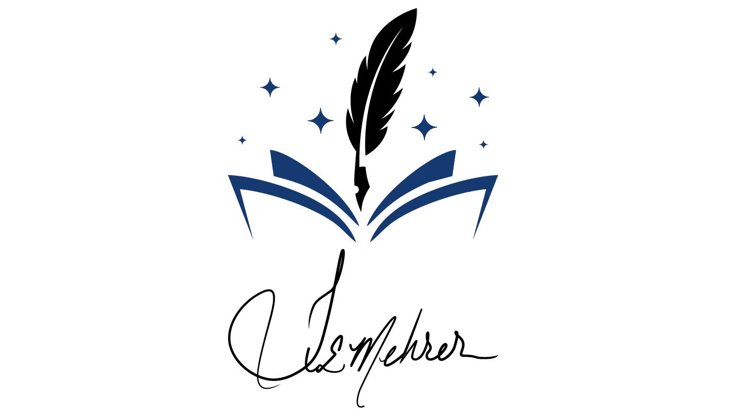 Logo featuring a black quill set above an open blue book with star accents, representing creativity and storytelling, accompanied by the signature 'F.E. Mehrer' beneath.